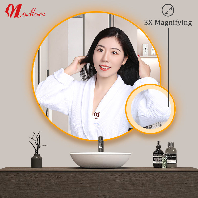 Round Smart X3 Magnifier Touch Screen Light LED Makeup Defogger Copper Free Silver Mirror Bathroom Mirror Support Customization