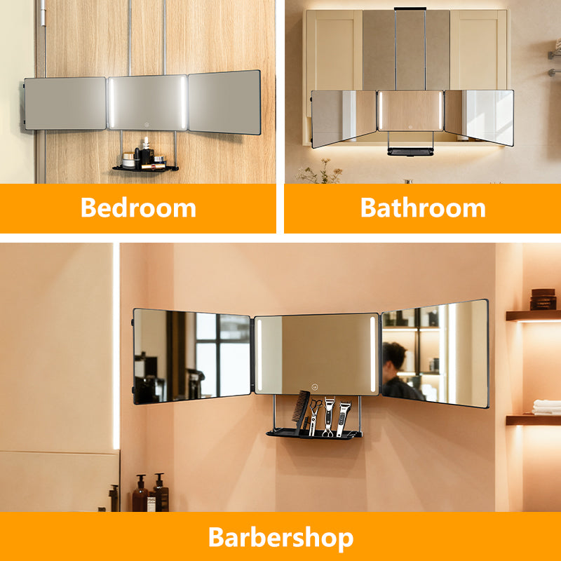 3 Way Trifold Mirror with Tray Storage - 360 Rear View Head & Smart LED Makeup Mirror