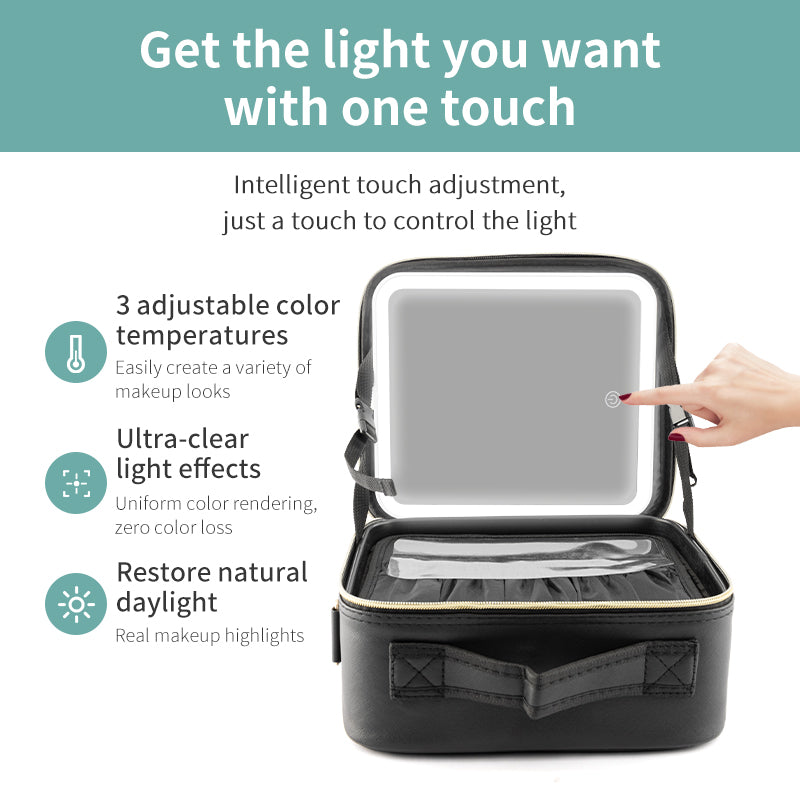 LED Lighted Makeup Case for Travel | 3-Way Touch Mirror & Cosmetic Organizer