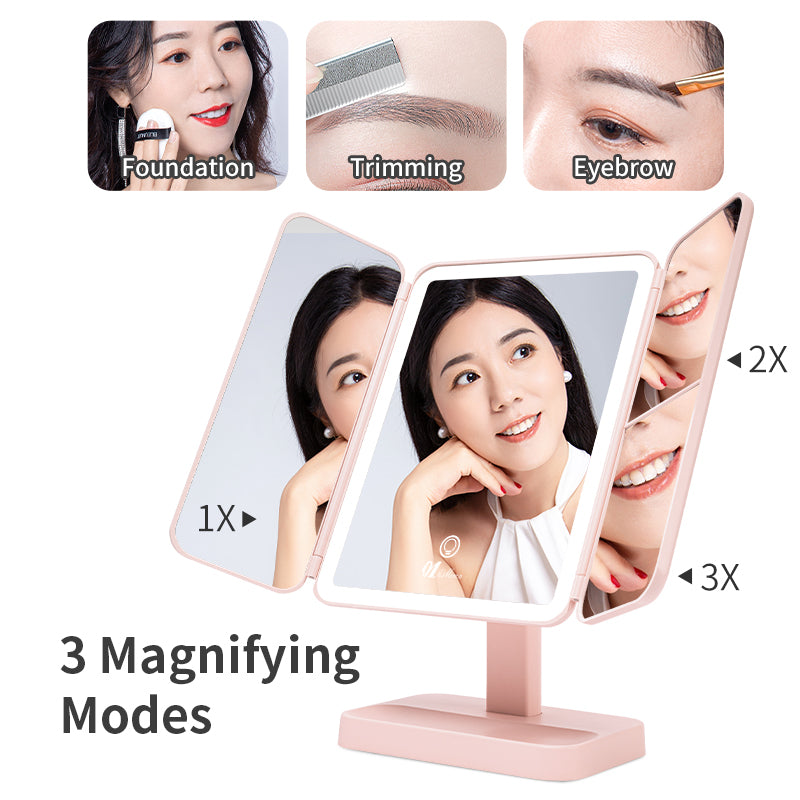 Portable Compact Table Standing Tri-Fold Led Makeup Mirror Fold Cosmetic Mirror With Led Light
