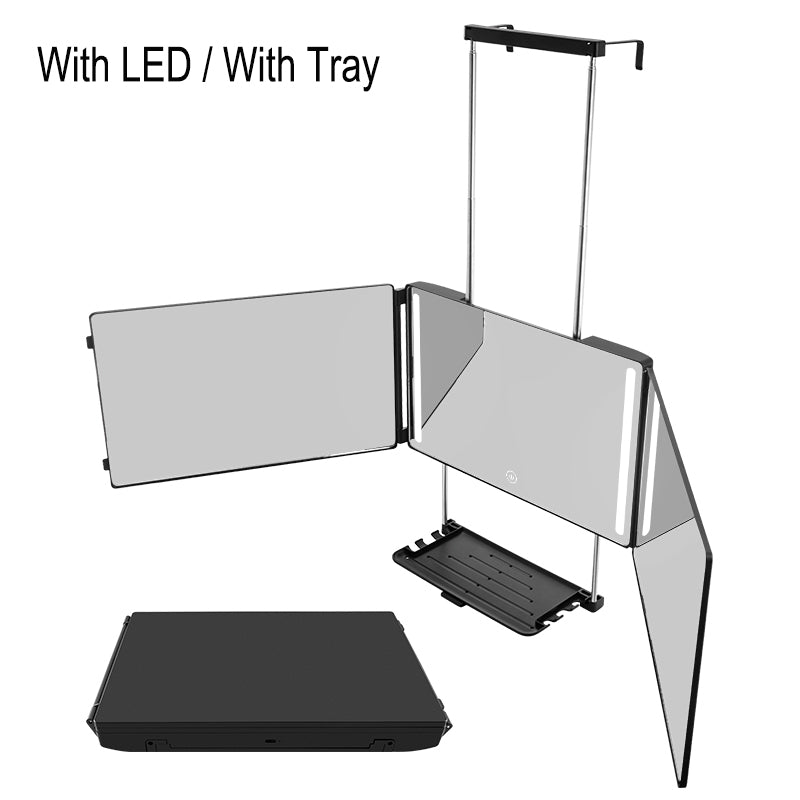 3 Way Trifold Mirror with Tray Storage - 360 Rear View Head & Smart LED Makeup Mirror