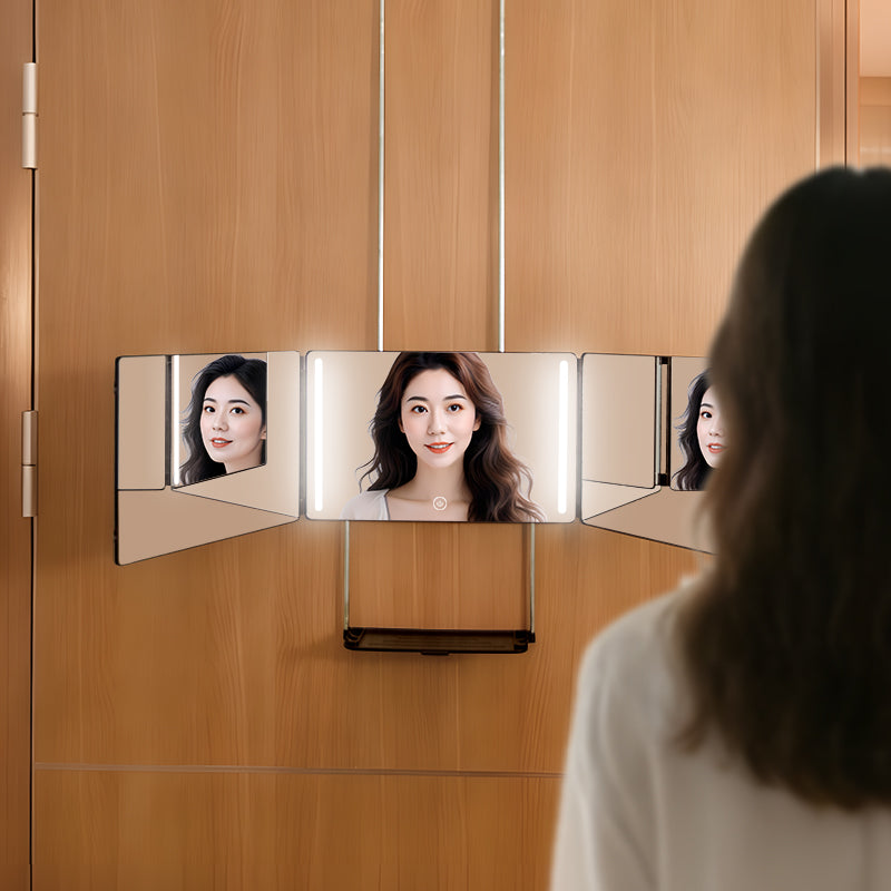 Master your grooming with this space-saving trifold mirror. The three adjustable panels provide a panoramic view, perfect for flawless makeup application and checking hairstyles from every angle. Enjoy built-in, even LED lighting for a clear reflection, and keep your essentials organized on the attached tray.