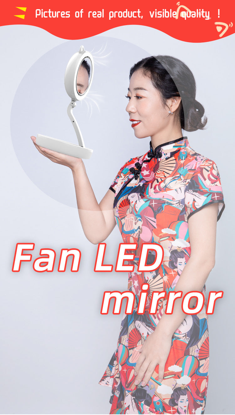 Foldable Cat Ear Shape Fan Mirror 3 Level Adjustable Wind And 3 Step LED Light Mirror