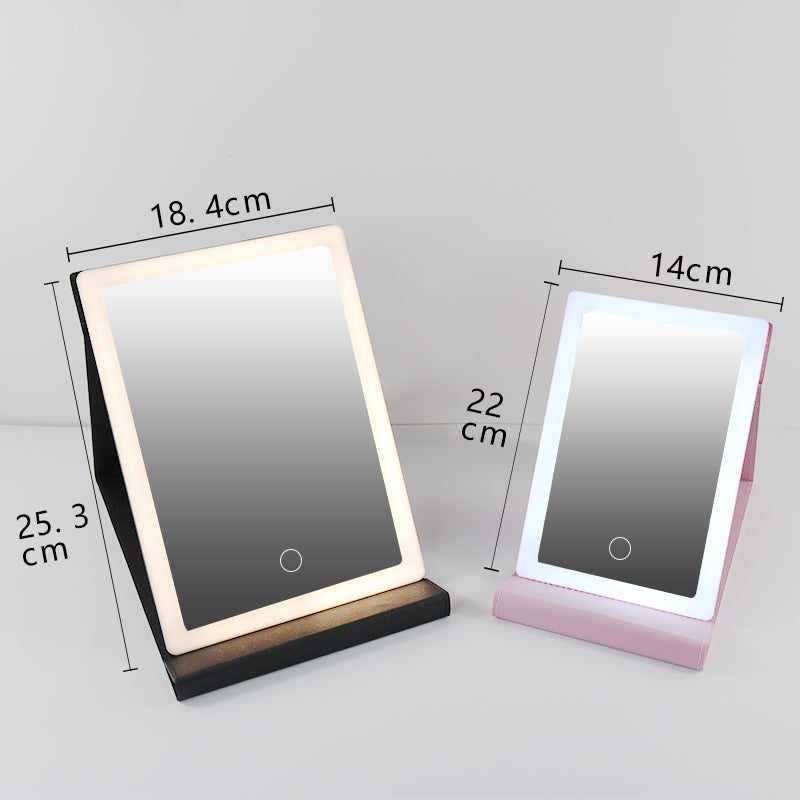 PU Leather Mirror With 3 Color Lights Adjustable Brightness Desktop Make Up Mirror