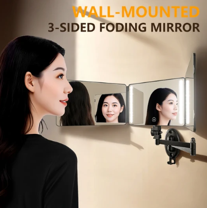 Mirror For Wig Application: Trifold Wall‑Mount LED Mirror For Perfect Back‑Of‑Head Wig Styling