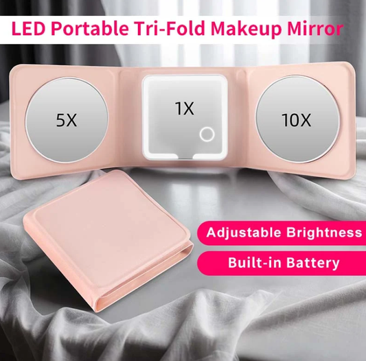 Tri Fold Magnifying Makeup Mirror with LED Light – Portable 1X/5X/10X Precision Styling Mirror
