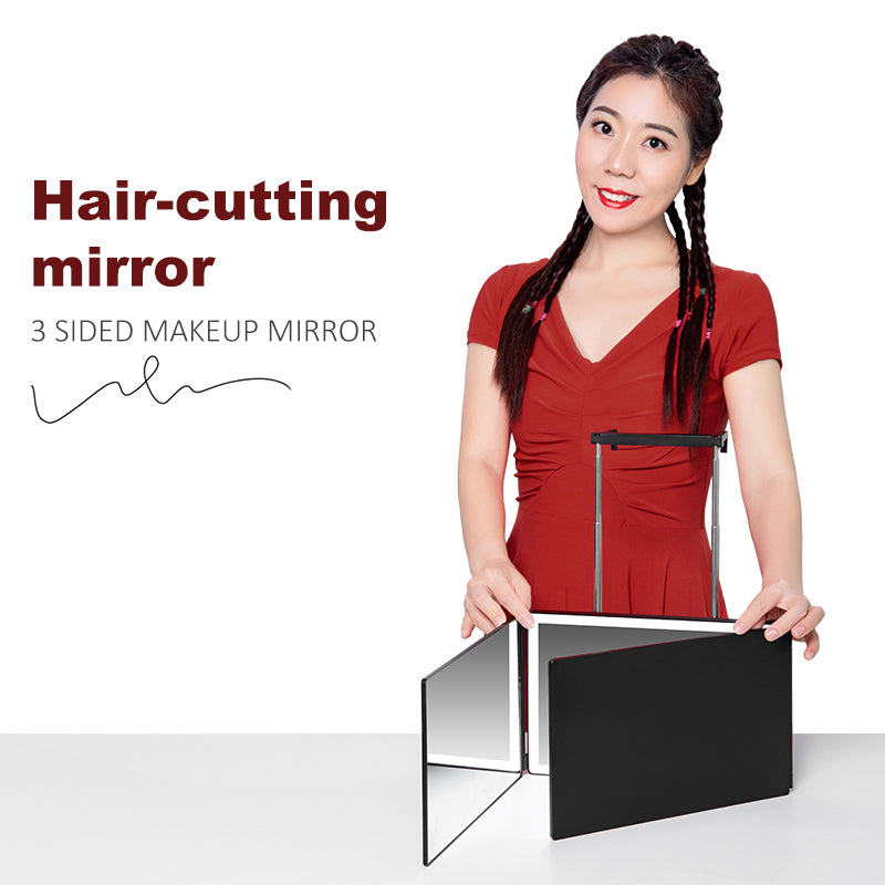 Salon-style triple-folding hairdressing mirror for home haircuts and grooming