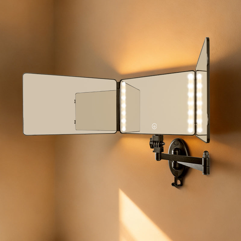 Space-Saving Wall Mounted 360 Mirror | No-Drill 3 Way Trifold with LED Light