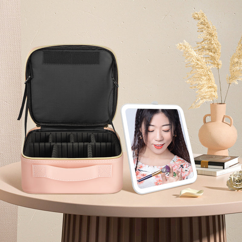 New Leather Makeup Bag with HD LED Vanity Mirror for Easy Portability and Tote