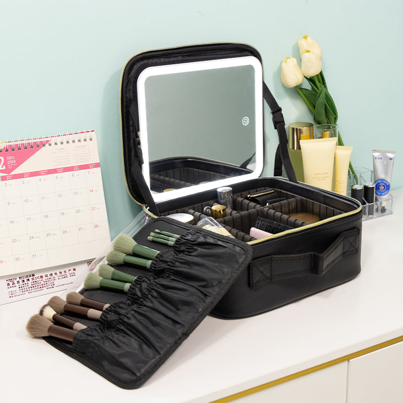 LED Lighted Makeup Case for Travel | 3-Way Touch Mirror & Cosmetic Organizer