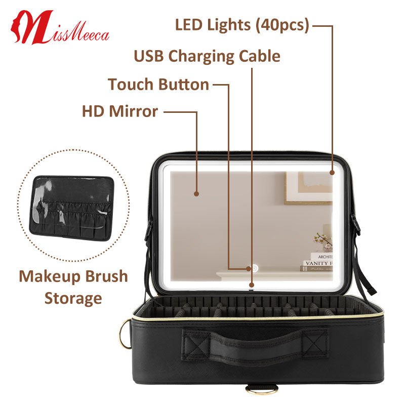 Portable Makeup Case Bag Mirror Led Light Beauty Case Travel Waterproof Make Up Bag Mirror