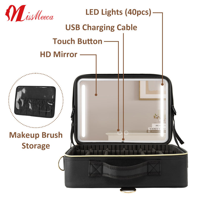 LED Cosmetic Case with Mirror, Makeup Artist Tool Organizer Box with Partitions and Touch-up Mirror