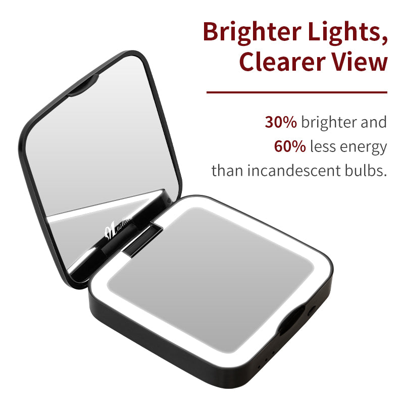 The LED Portable Lamp Mirror is a foldable double-sided pocket mirror with a built-in power bank