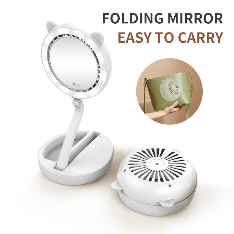 Foldable Cat Ear Shape Fan Mirror 3 Level Adjustable Wind And 3 Step LED Light Mirror