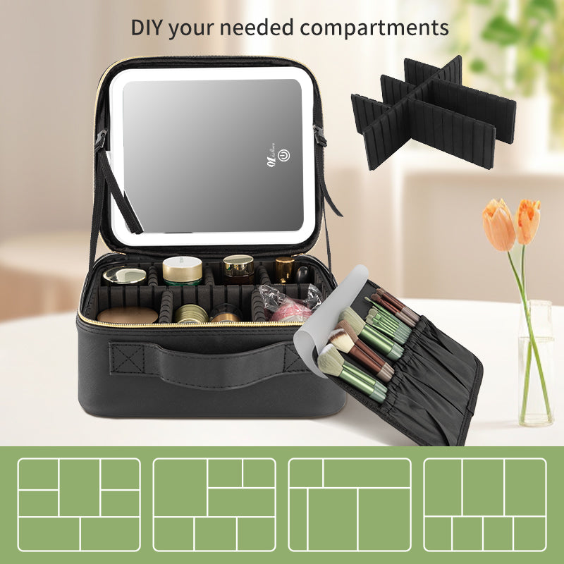 New Leather Makeup Bag with HD LED Vanity Mirror for Easy Portability and Tote