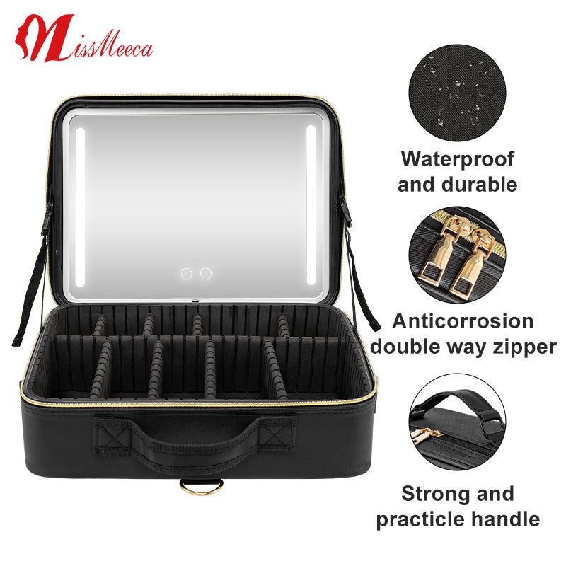 LED Cosmetic Case with Mirror, Makeup Artist Tool Organizer Box with Partitions and Touch-up Mirror