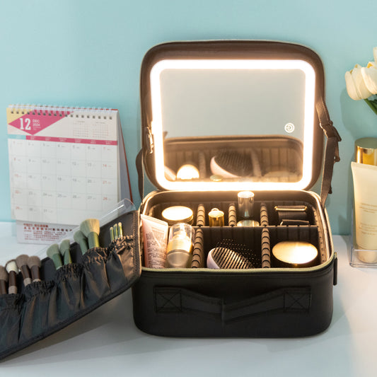Elegant Vanity Case with Illuminated Mirror | LED Cosmetic Organizer & Storage