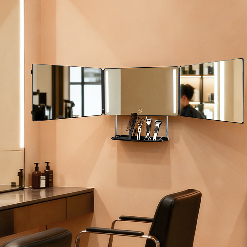 3 Way Trifold Mirror with Tray Storage - 360 Rear View Head & Smart LED Makeup Mirror