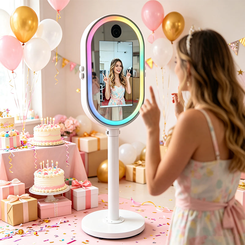 21.5" Oval Magic Mirror Photo Booth | Built-in Mini PC Touch Screen Selfie Kiosk for Wedding & Event Rental Business