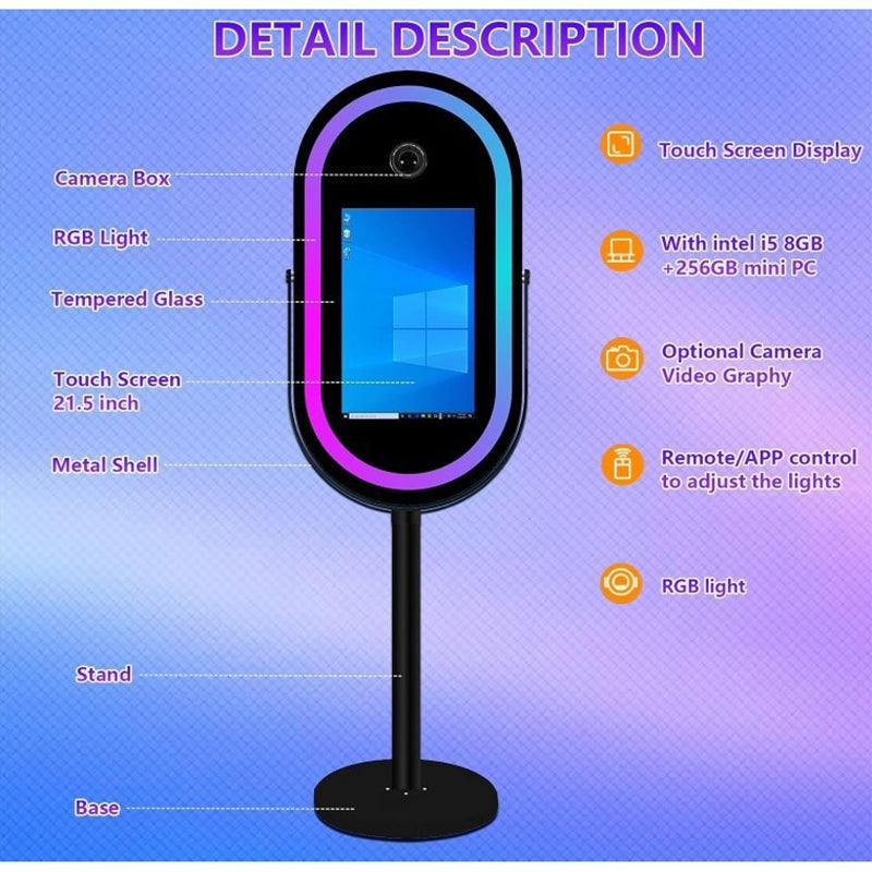 21.5" Oval Magic Mirror Photo Booth | Built-in Mini PC Touch Screen Selfie Kiosk for Wedding & Event Rental Business