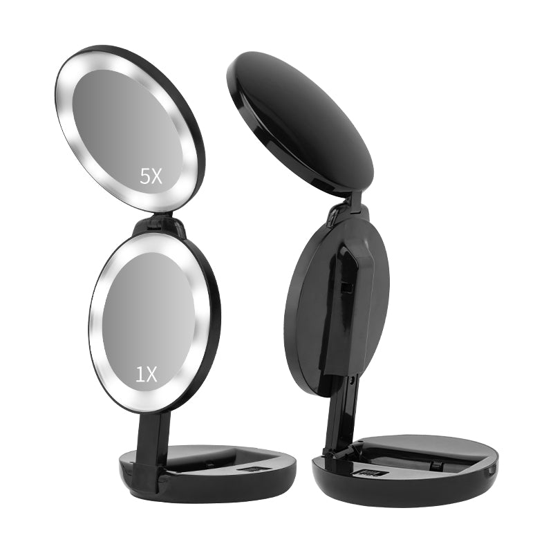 Creative LED Portable Folding Mirror, Telescoping Round Triple-Fold Mirror, Desktop Mirror