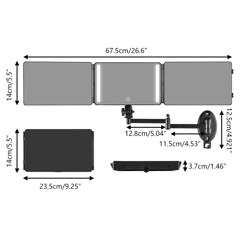 Adjustable Wall Mount Trifold Mirror: 360° LED Makeup & Rear View Mirror