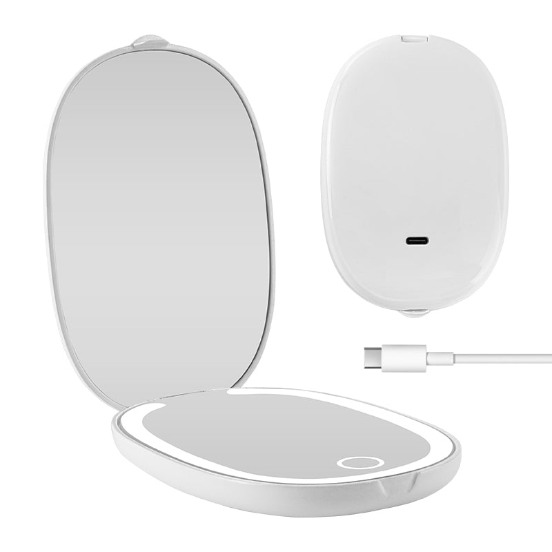 Double-Sided Portable Flip Makeup Mirror LED Light Dimmable Touch Control Handheld Pocket Mirror Rechargeable Mirror