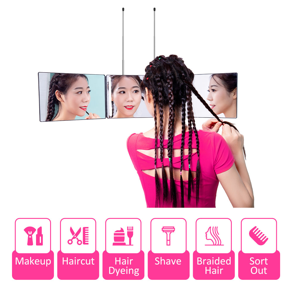 USA Warehouse LED Tri-Fold Hair Mirror Adjustable Brightness 360-Degree Self Haircut Mirror Portable Wall Mounted