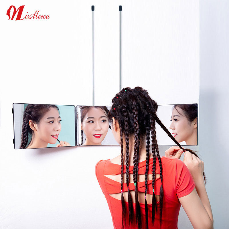 3 Way Tri-fold Self Hair Cutting Mirror adjustable Stretch  Pole Self Cuttting Mirror Hand on the Door Mirror