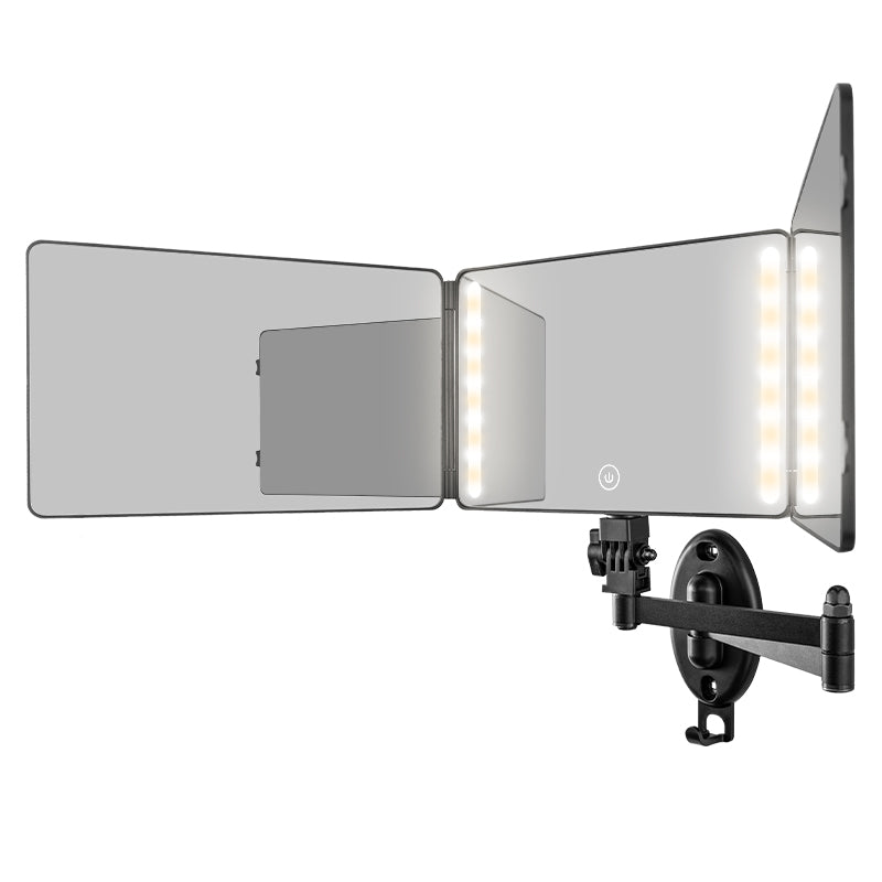 Secure Mount 3 Way Panoramic Mirror | LED Wall Mirror for Makeup & Hair