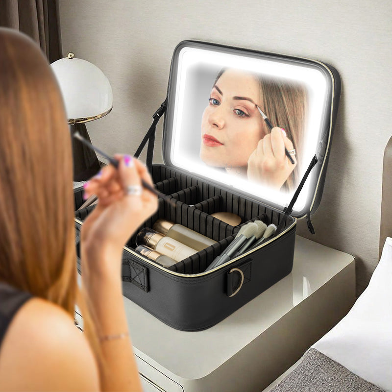 Portable Makeup Bag with LED Lighted Makeup Mirror, Large Capacity, Detachable, and Portable Makeup Mirror