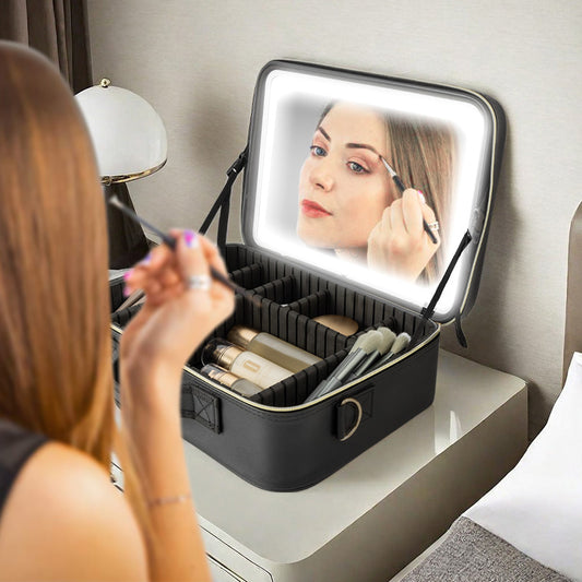 Portable Makeup Bag with LED Lighted Makeup Mirror, Large Capacity, Detachable, and Portable Makeup Mirror