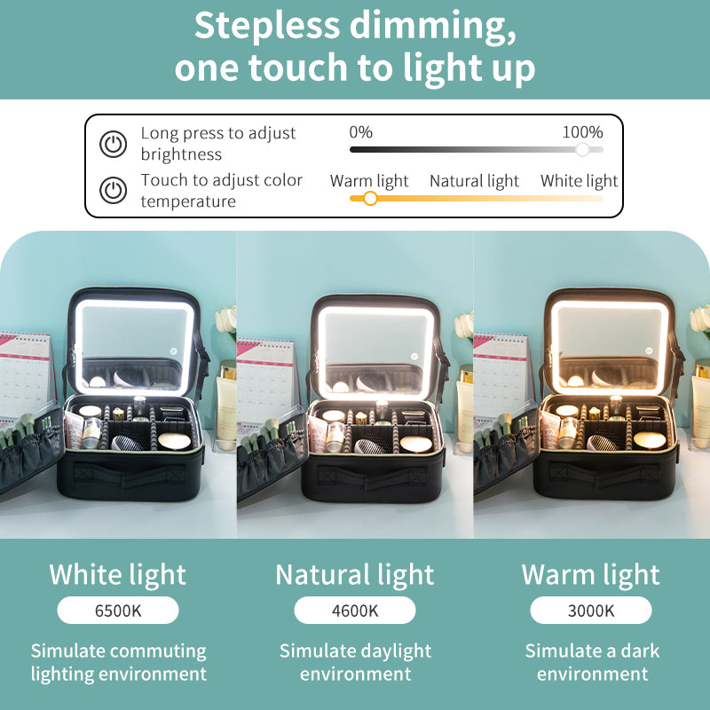 Makeup bag with 3-color LED mirror stepless dimming display