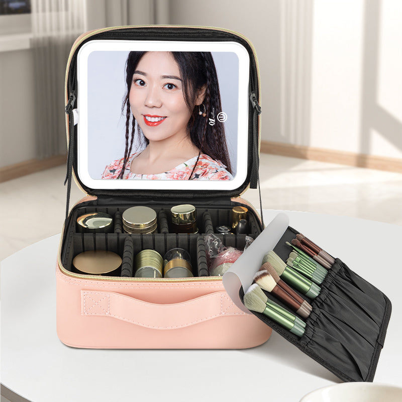 New Leather Makeup Bag with HD LED Vanity Mirror for Easy Portability and Tote