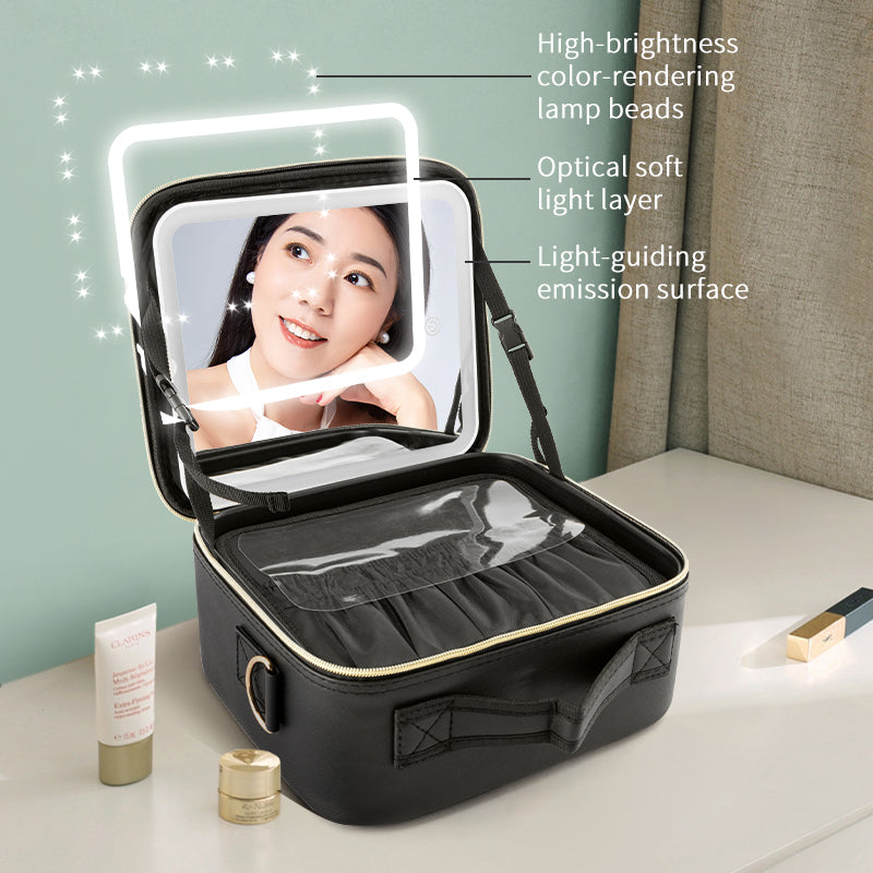 LED Lighted Makeup Case for Travel | 3-Way Touch Mirror & Cosmetic Organizer