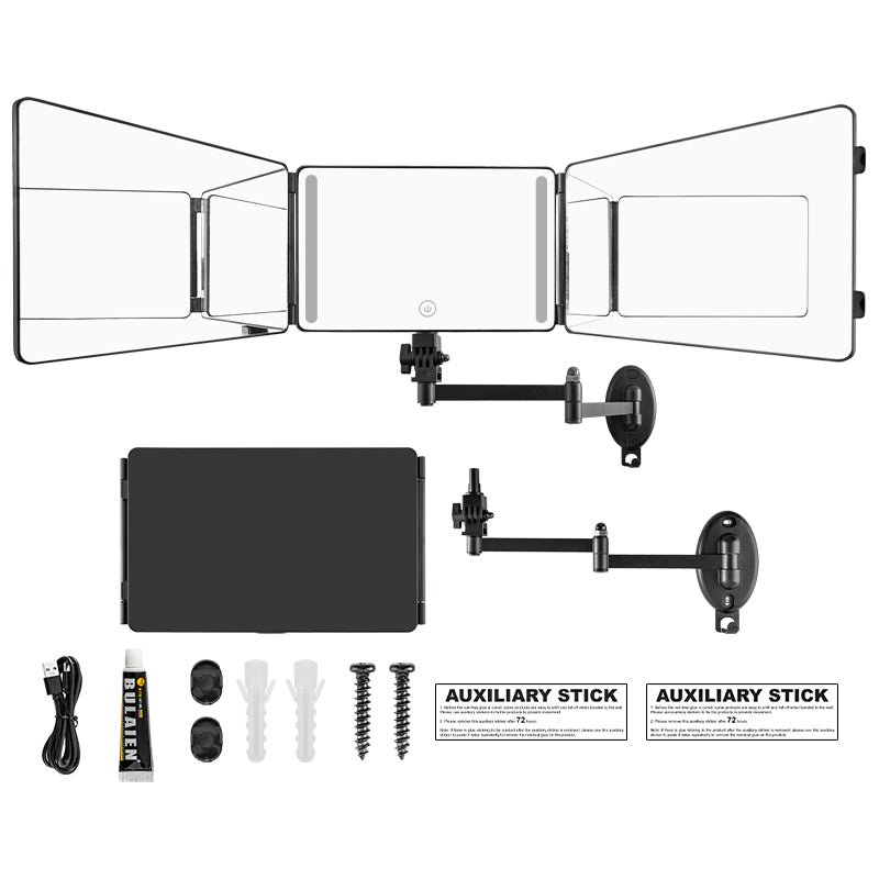 Adjustable Wall Mount Trifold Mirror: 360° LED Makeup & Rear View Mirror
