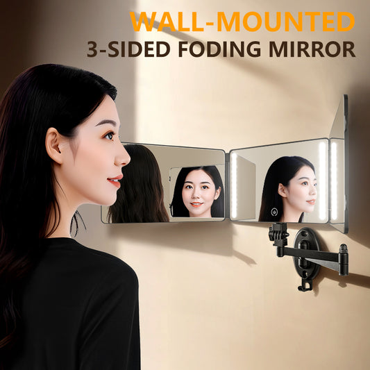 Secure Mount 3 Way Panoramic Mirror | LED Wall Mirror for Makeup & Hair