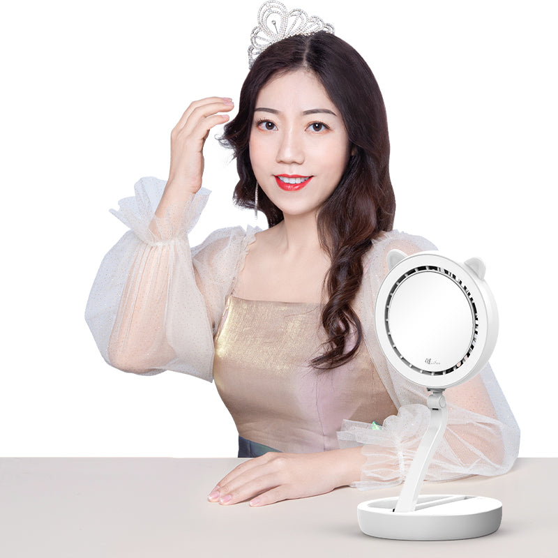 Foldable Cat Ear Shape Fan Mirror 3 Level Adjustable Wind And 3 Step LED Light Mirror