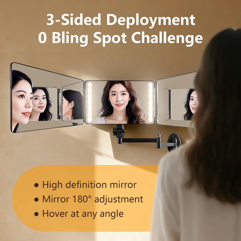 Space-Saving Wall Mounted 360 Mirror | No-Drill 3 Way Trifold with LED Light