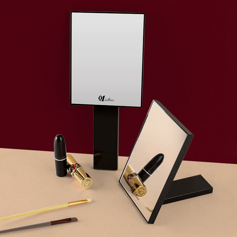 Handheld Square  Black Makeup Mirror With A Handle Stand On The Desk