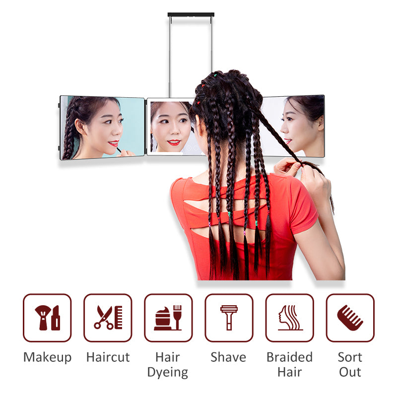 Salon-style triple-folding hairdressing mirror for home haircuts and grooming