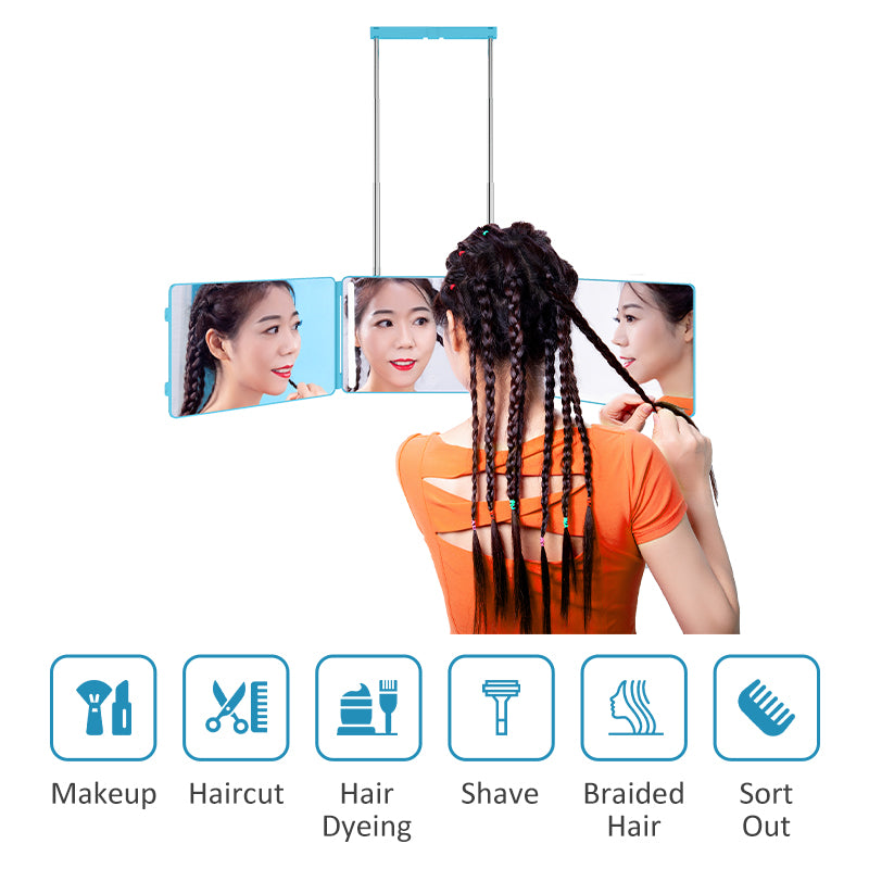 Telescoping Portable 360° Triple Folding Haircutting Mirror for Makeup, Shaving, and Self-Haircut