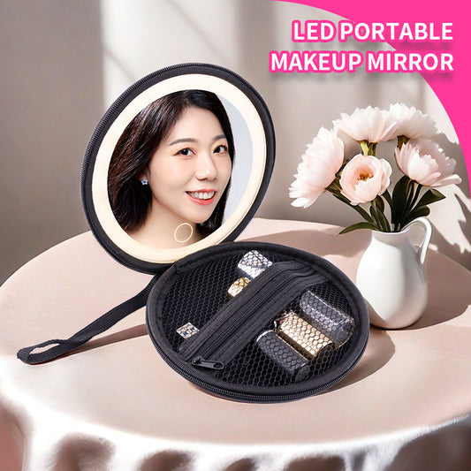 Portable Pocket Vanity Mirror Round Crocodile Black Compact Mirror with LED Stepless Dimming Built-in Battery and Carry Strap