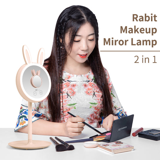 Rabbit Modeling Makeup Mirror & Table Lamp10X Magnifying Cosmetic MirrorAdjustable 180°Rechargeable LED Vanity Mirror with Storage
