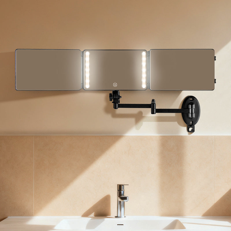 Adjustable Wall Mount Trifold Mirror: 360° LED Makeup & Rear View Mirror