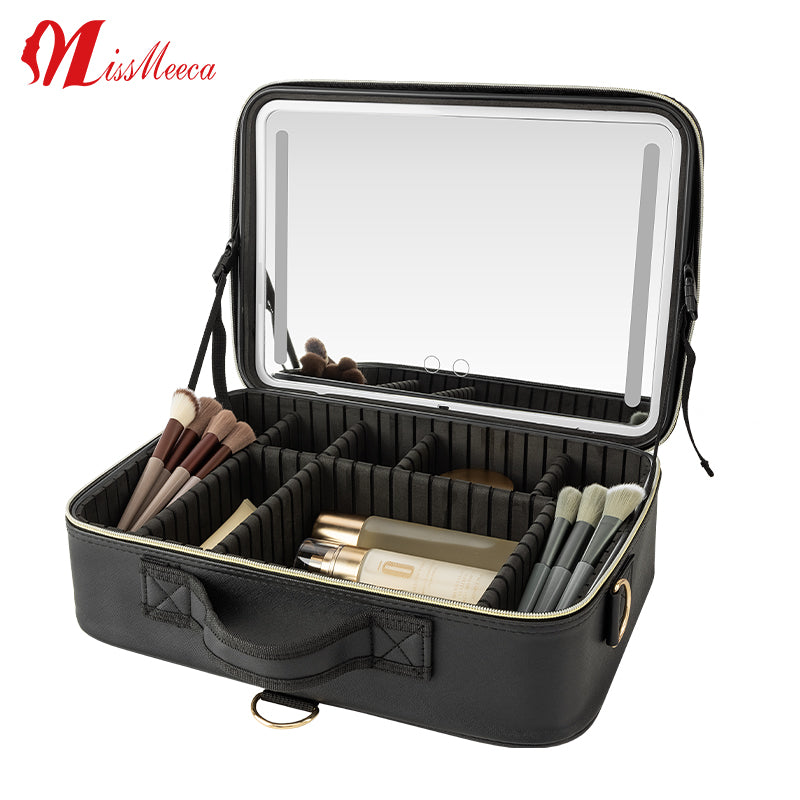 LED Cosmetic Case with Mirror, Makeup Artist Tool Organizer Box with Partitions and Touch-up Mirror