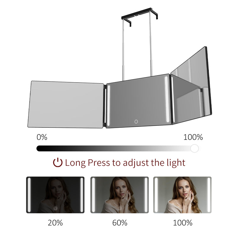 LED 3 Way Mirror for Self Cutting Mirror Trifold Mirror to See Back of Head