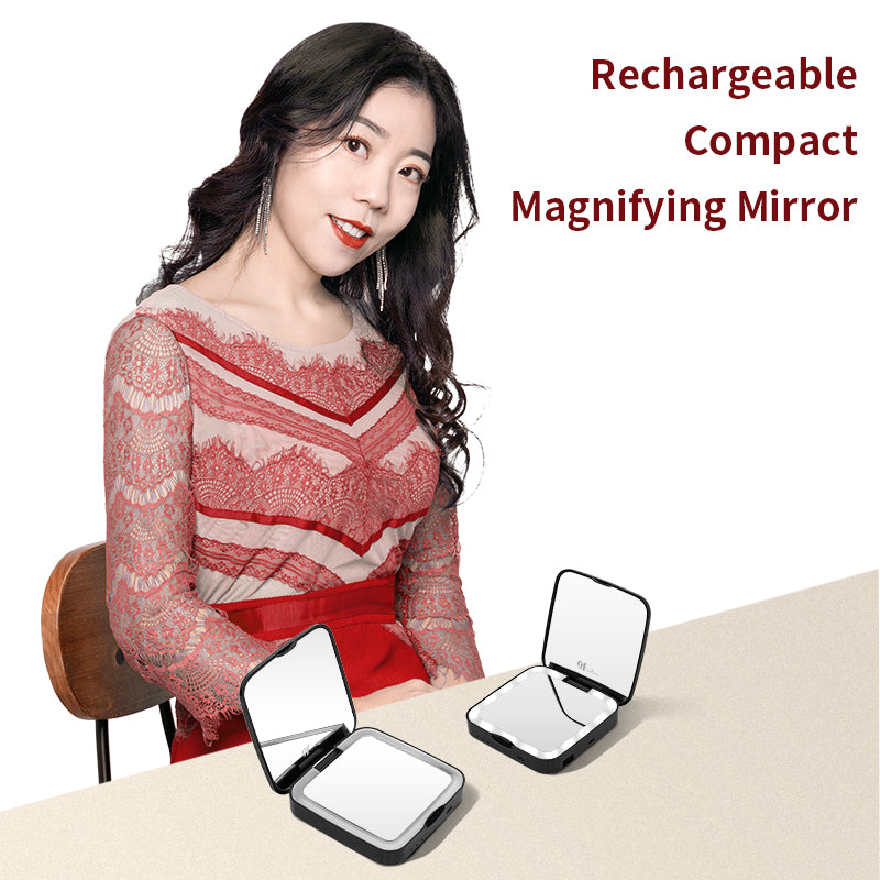 The LED Portable Lamp Mirror is a foldable double-sided pocket mirror with a built-in power bank