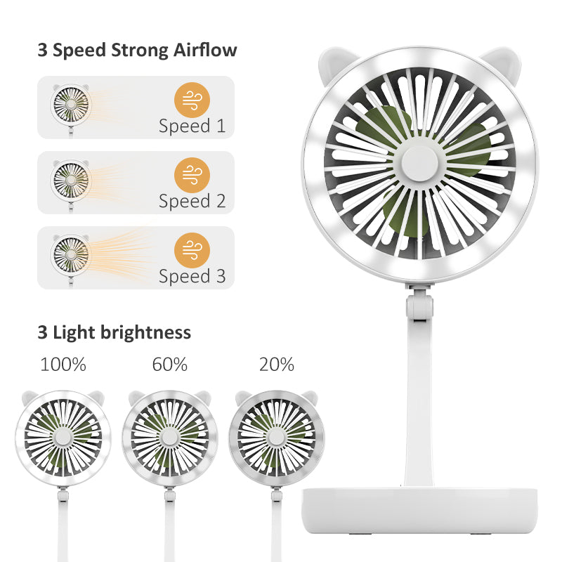 Foldable Cat Ear Shape Fan Mirror 3 Level Adjustable Wind And 3 Step LED Light Mirror