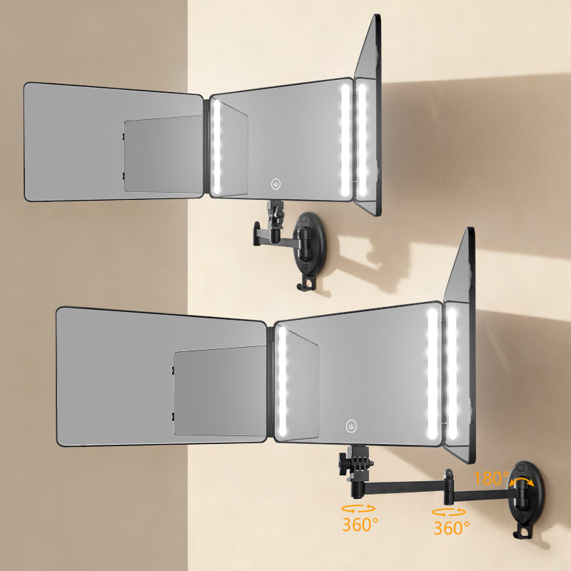 Adjustable Wall Mount Trifold Mirror: 360° LED Makeup & Rear View Mirror